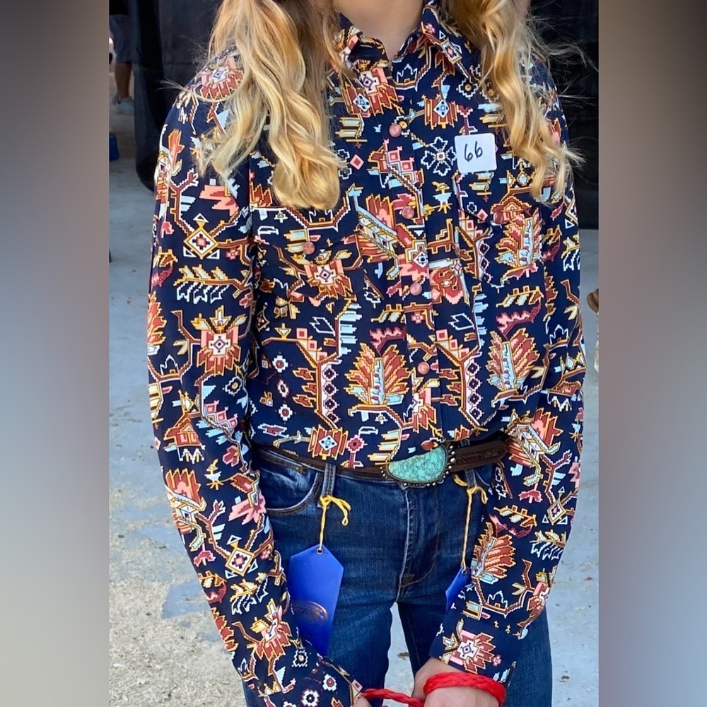 Cruel Denim XS Women’s or Girl’s Navy Geometric Button Down Western Shirt - Picture 5 of 8